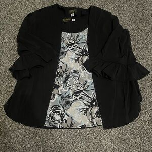 New Bob Mackie Wearable Art Black Ruffled Cardigan with Floral Print Tank Top M